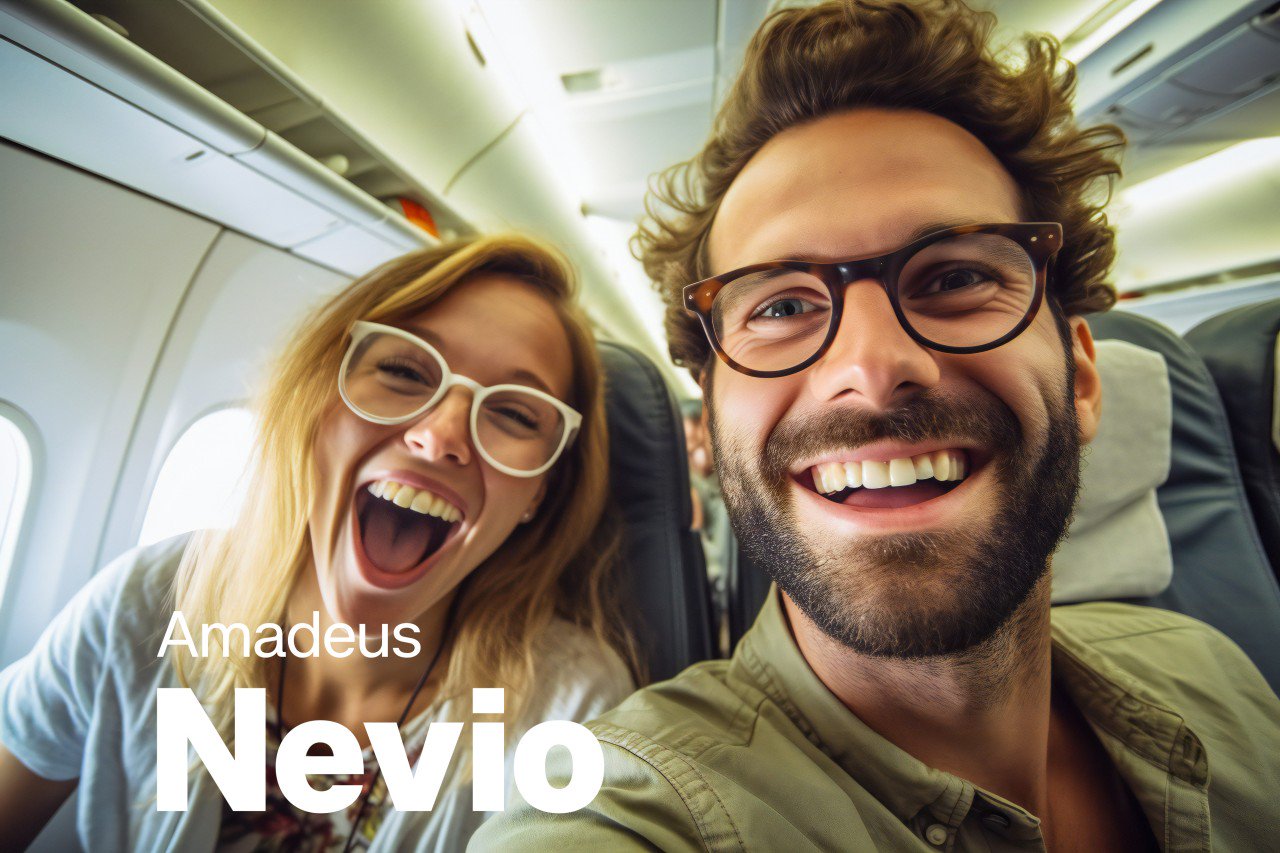 A happy young couple taking selfies in a plane while going on vacation